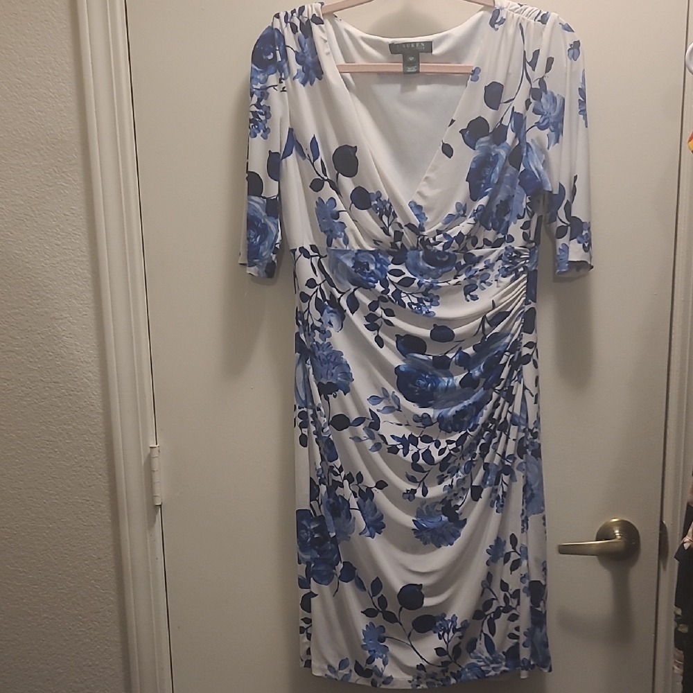Lauren Ralph Lauren Blue and White Ruched Midi Dress